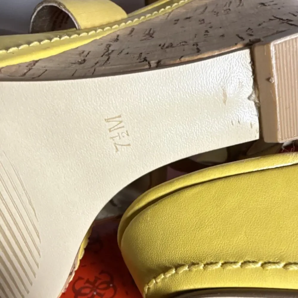 GUESS Yellow Leather Strappy Wedge Sandals Buckle Women's Size 7.5M